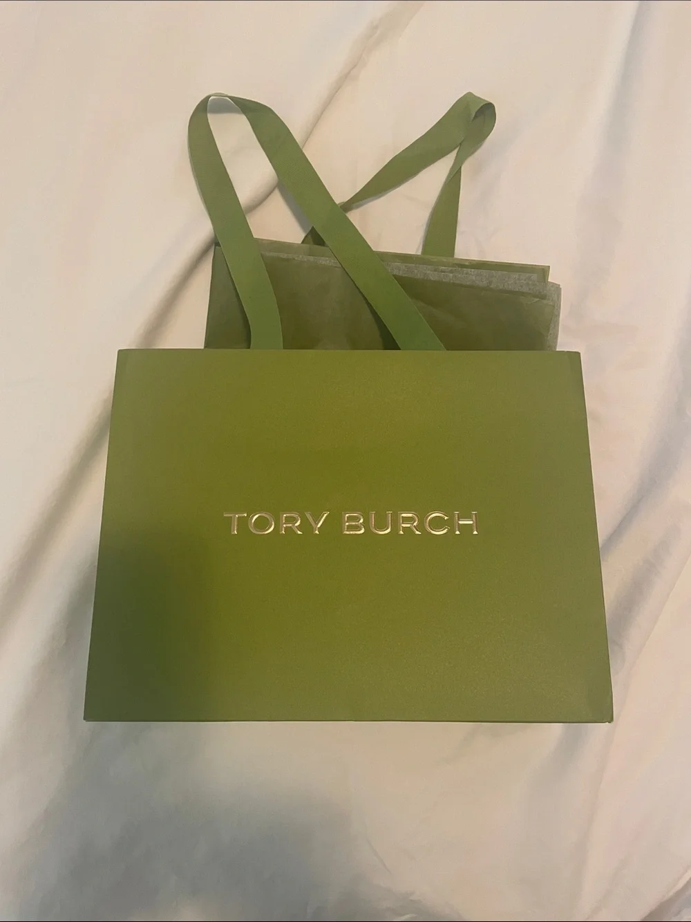 Tory Burch Olive Green Gift Bag with Metallic Logo